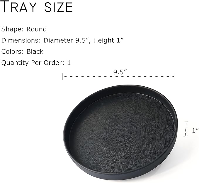 Round Black Tray (9.5 inch) for Bathroom & Kitchen Decor - Heavy Duty Plastic Vanity Tray, Decorative Serving Tray for Countertop, Coffee Table, Dresser Organizer