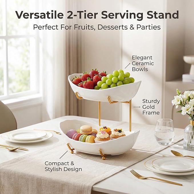 2-Tier Ceramic Fruit Basket, Decorative Tiered Stand for Kitchen Countertop, Fruit and Vegetable Storage Organizer, for Home Decor (White and Gold)