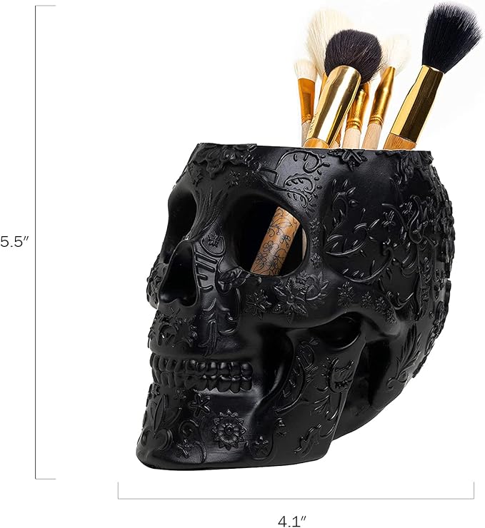 Skull Makeup Brush Holder, Pen Holder, Vanity, Desk, Office Organizer, Stationary, Decor Planter , Candy Bowl , Goth Decorations , Extra Large, Skulls Gothic Skull & Bones Organizer Bathroom (Black)