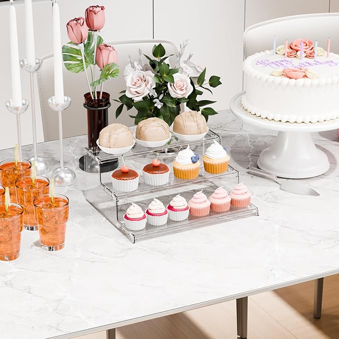 Yieach 3 Tier Acrylic Sands for Display,12 Inch Perfume Organizer,Cologne Stand,Cupcake Display and Funko Pop Stands,Clear Tiered Tray Stand,Acrylic Riser for Figure,Collectibles,Makeup or Spice Shelf