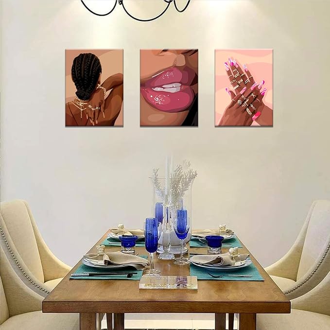 Black Girl Pink Wall Art Set of 3 African American Black Women Canvas Posters Fashion Black Girl Wall Decor Pictures Prints for Home Living Room Bedroom Bathroom Decoration 12x16 Inch Framed