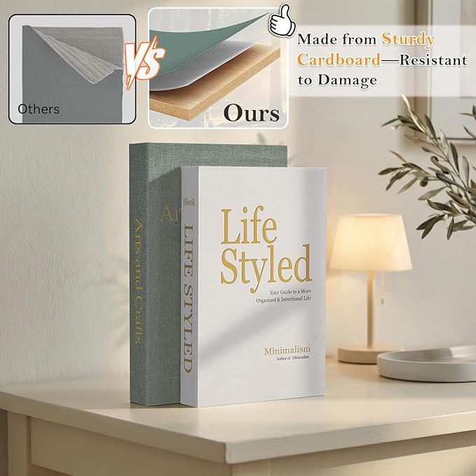 Realistic Decorative Book Boxes with Hidden Storage, Set of 2 Linen Faux Books, Sturdy and Neutral Home Decor for Coffee Table, Bookshelf, Entryway and Office
