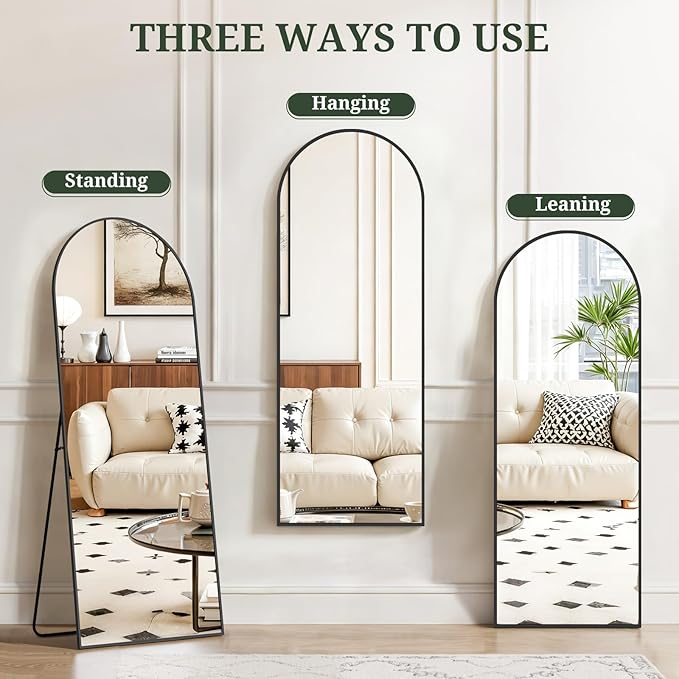 Mirror Full Length 56"x15" Full Body Floor Mirror with Stand, Shatterproof Glass, Aluminum Alloy Frame, Free Standing Wall Mounted or Leaning Arched Mirrors for Bedroom Living Room Entryway