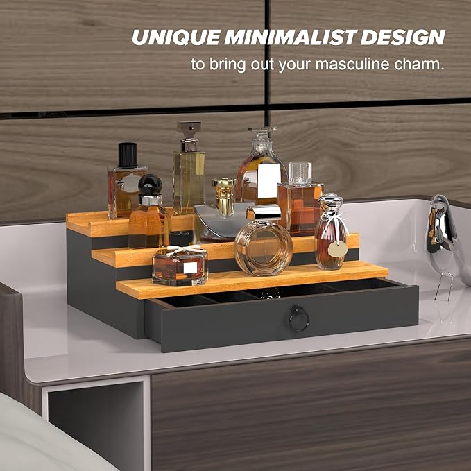 upcessory Cologne Organizer for Men, 3 Tier Wood Perfume Organizer with Felt Lining Drawer and Hidden Compartment Perfume Display Holder, A gift for men