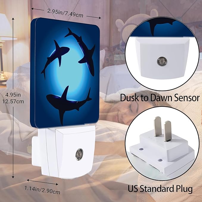 Floating Sharks Night Light, Sea Night Lights Plug into Wall Decor for Bedroom, Bathroom, Hallway, Kitchen, Dusk to Dawn Sensor Nightlights for Boys Girls Women Men Room Gifts