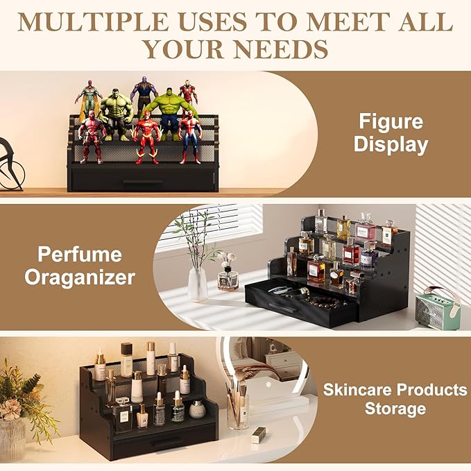 Cologne Stand for Men, 3 Tier Black Wooden Perfume Organizer with Drawer Storage, Perfume Display Shelf for Cologne, Watch, Skincare and Makeup, Perfect Birthday/Christmas Gift for Lovers & Fathers