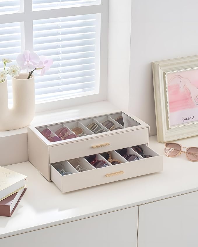 Lolalet Sunglasses Storage Box for Women, Eyewear Eye Glass Organizer with Clear Top Display Holder Case, Mothers Day Gifts