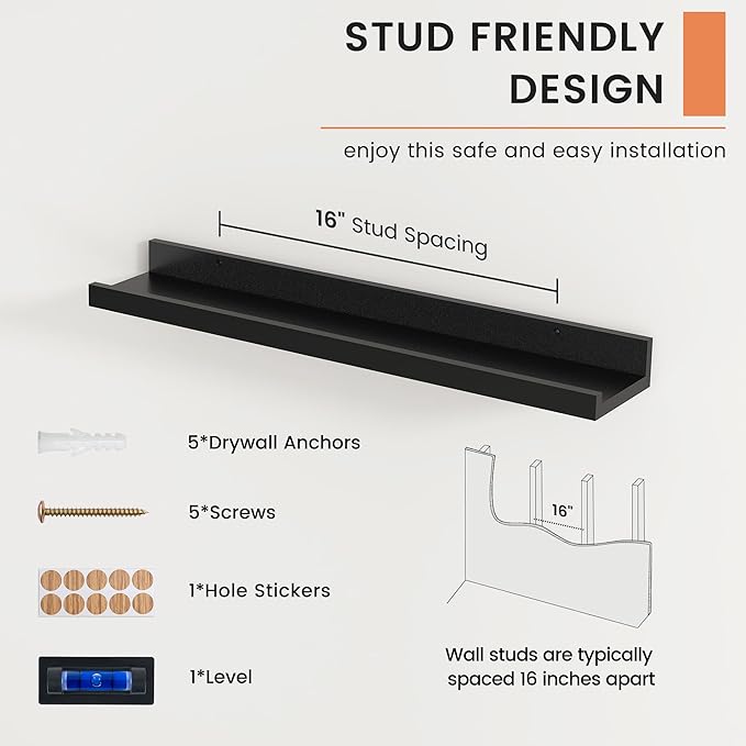 FLYJOE Picture Ledge Shelf, Floating Shelves Set of 2, 24 Inches Nursery Book Shelves for Toys Storage, Kids Bookshelf Wall Mounted for Living Room Bedroom Decor Books Photo Frames, Black