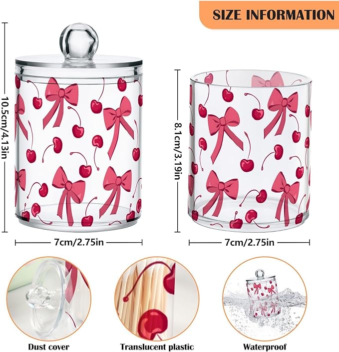 ALAZA 2 Pack Qtip Holder Dispenser for Cotton Ball Pink Cherry Bow Cotton Swab Round Pads Clear Plastic Acrylic Jar Set Bathroom Canister