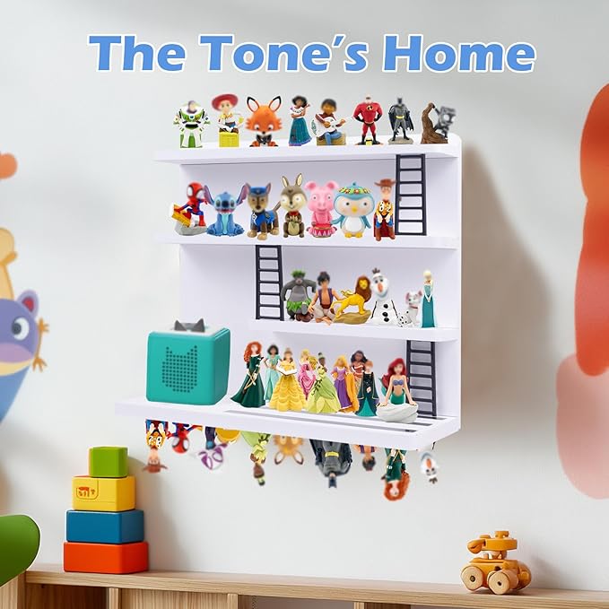 for Tonie Shelf Magnetic,for Tonie Storage Wall, Holds 50+ Characters Creative Magnetic Top & Back,Pinewood Floating Shelves for Wall,Dedicated Charging Slot for Tonebox,4 Tier – White Color