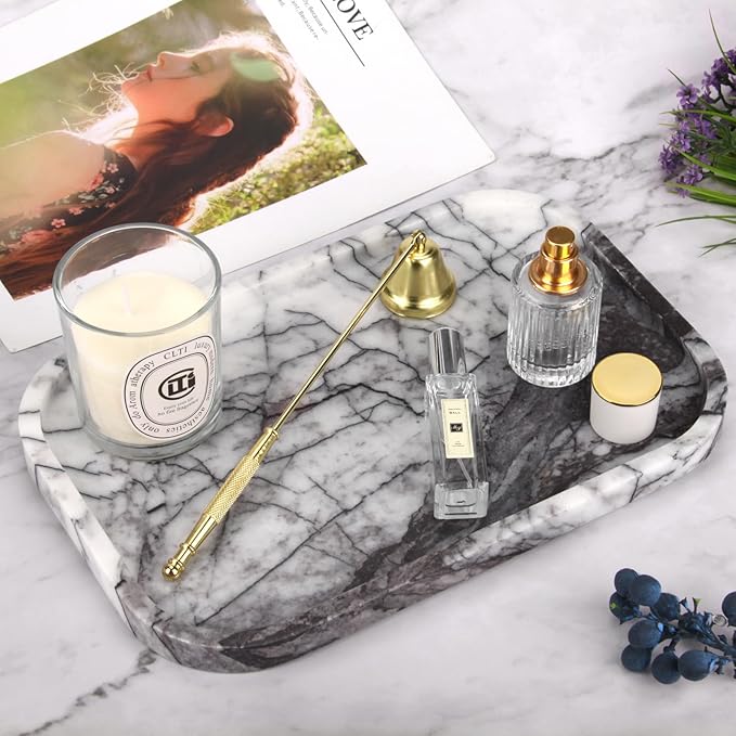 Marble Bathroom Vanity Tray, Natural Marble Home Kitchen Table Tray, Stone Decorative Countertop Serving Organizer for Dresser Coffee Perfume Jewelry Makeup (1, Lilac L, 12 * 8 * 0.8)