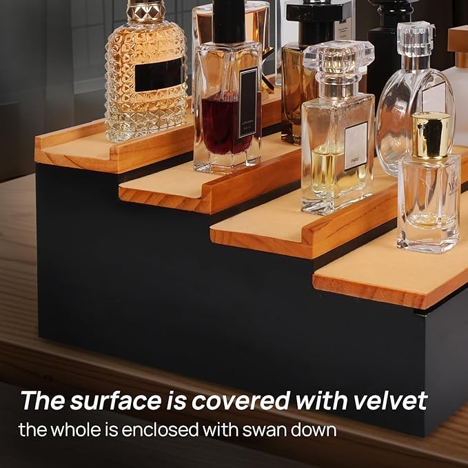 Cologne Organizer for Men，4 Tier Wood Perfume Display Stand with Velvet Lining Drawer and Hidden Compartment ，Perfume Organizer for Men，Great Gift for Man (Black Walnut)