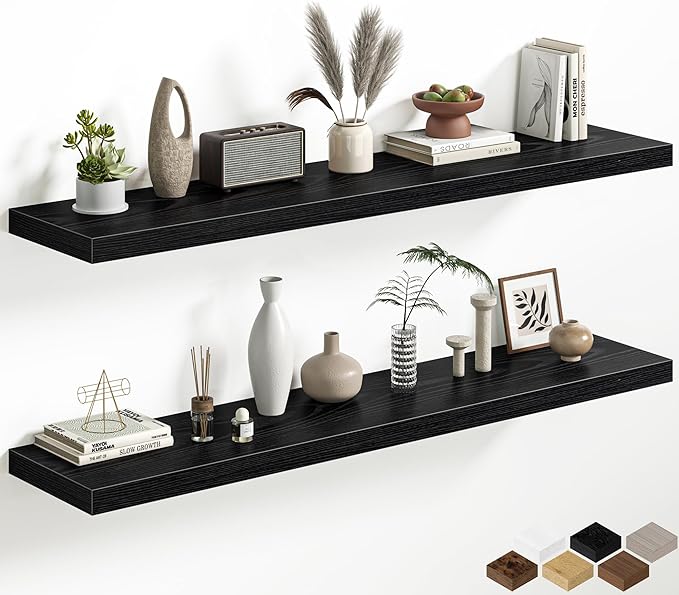 Black Floating Shelves for Wall, 55 Inch Floating Shelves Set of 2, Wall Mounted Rustic Wood Shelf for Bathroom, Living Room, Bedroom and Kitchen, Hanging Shelf for Storage, Books, Home Decor