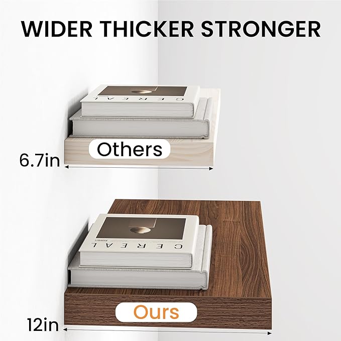 12 Inch Deep Floating Shelves, 60W x 12D Floating Shelf for Books, Rustic Wood Deep Wall Shelves for Home Storage & Display, 1.5" Thicked Shelves for Kitchen, Living Room, Bedroom, Walnut, 1 Pack