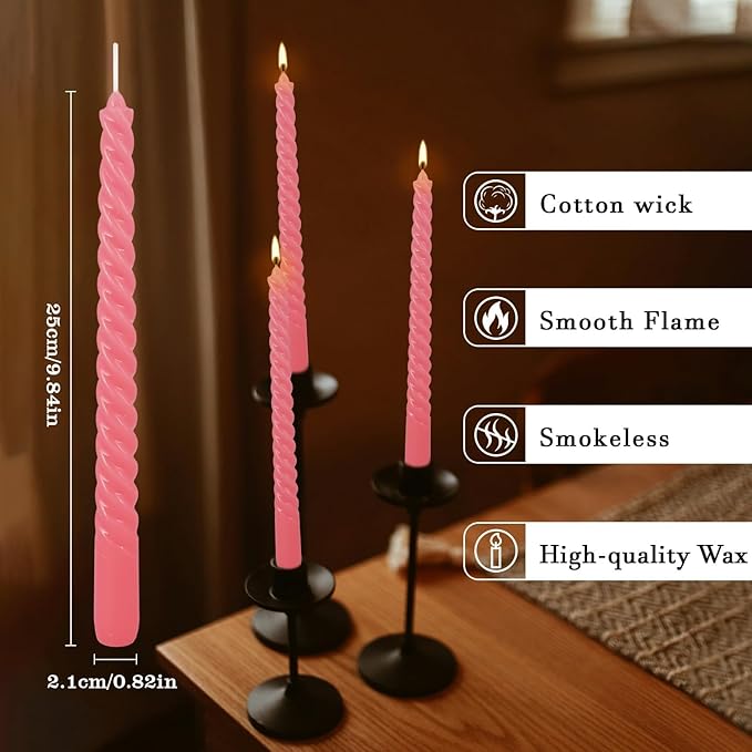 WPONSZU 10 Inch Pink Spiral Taper Candle Set of 12 Pack Unscented Dripless Candlesticks for Valentine's Day,Dinner,Party,Brithday,Wedding,Christmas,and Home Decoration