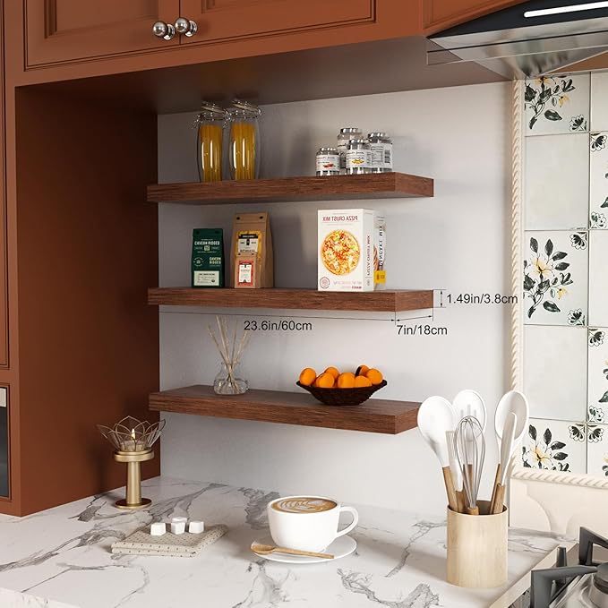 Floating Shelves for Wall, Bathroom Shelves Over Toilet, Wall Shelves & Book Shelf for Room, Hanging Shelf, Modern Wooden Mounted Floating Shelves, 24x7x1.5 in (Walnut-Like, Set of 3)