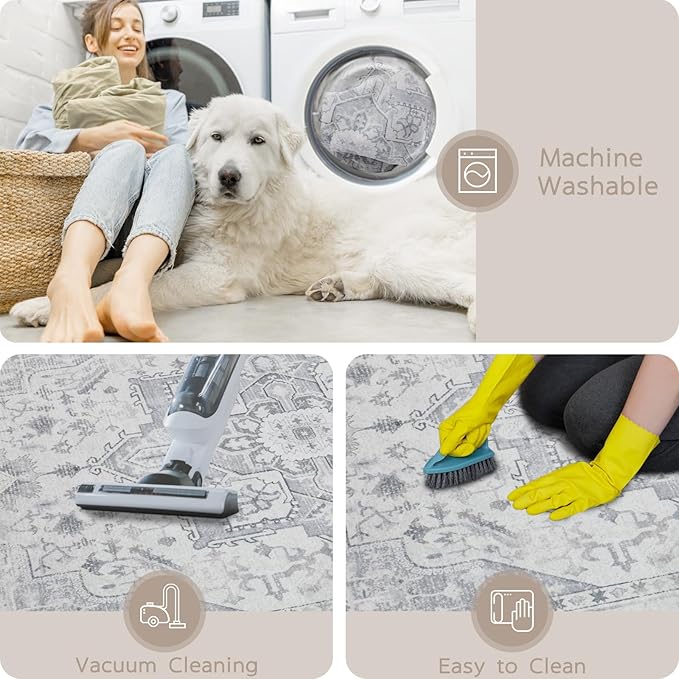 Srugn Area Rug 8x10 Washable Area Rugs for Living Room- Ultra Soft Non-Shedding Faux Wool Bedroom Rug Large Grey Vintage Print Rugs with Non Slip Rubber- Indoor Retro Foldable Carpet for Dining Room