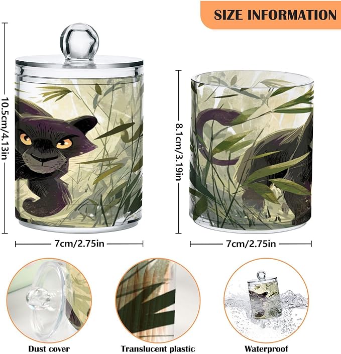 2 Pack Apothecary Jars,Panther in Jungle Grass Bathroom Vanity Storage Organizer Set,Small Clear Plastic Storage Jars Bathroom Canister for Cotton Swabs,Rounds,Balls,Qtips,Makeup Sponges