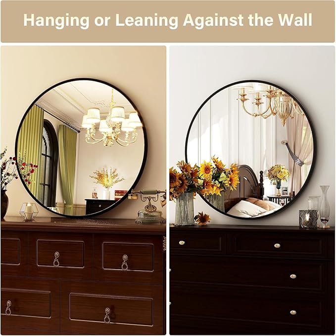 HARRITPURE 28" Round Mirror - Black Bathroom Mirror Circle Wall Mirror with Brushed Aluminum Alloy Frame Modern Decor for Living Room, Vanity, Bedroom, Entryway