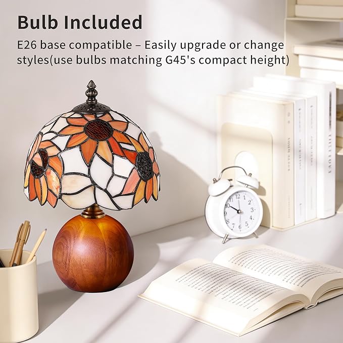 12.2" Tiffany Style Lamp, Handcrafted Stained Glass Sunflower Table Lamp with Spherical Solid Wood Base, 3-Color Dimmable Bedside Lamp for Nightstand & Bedroom, Vintage Aesthetic Accent Light