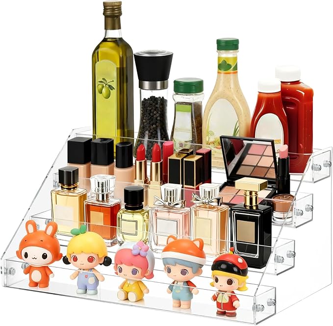 Tiered Spice Rack Acrylic, 4 Tier Spice Rack Shelf Seasoning Organizer, Clear Perfume Organizer, Makeup Display Stands Double Sided Usable for Better Presentation
