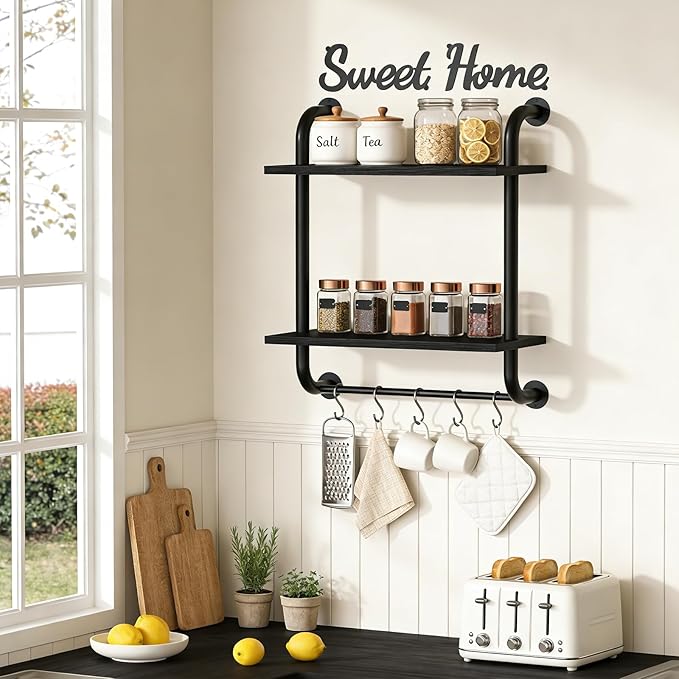 Tinpin Bathroom Shelves Wall Mounted, Rustic Farmhouse Pipe Shelves, Wall Shelves 2-Tier, Industrial Pipe Shelving, Floating Shelf Decor for Bathroom, Bedroom, Living Room Thanksgiving 17.3in Black