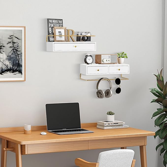 Dreampossible Floating Shelves With Drawers Set of 2, Wall Mounted Bathroom Storage, Rustic Wood Shelves for Bedroom, Living Room, Kitchen, Home Decor, Plants, Books (White)