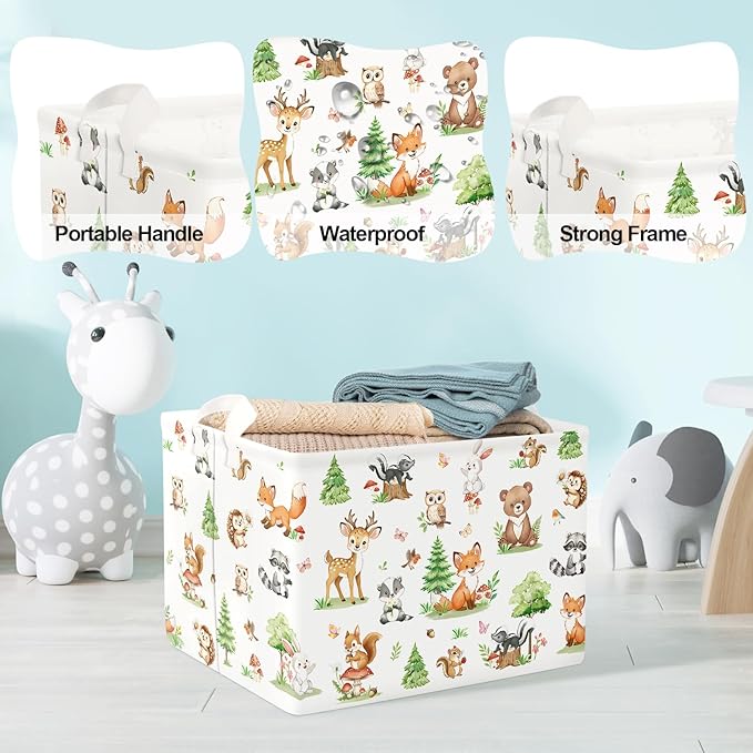 Clastyle Adorable Forest Animal Kids Book Storage Basket Fox Giraffe Clothes Laundry Basket Parents Gift Toy Box for Bedroom Shower, Pine Tree, 40x30x30 cm