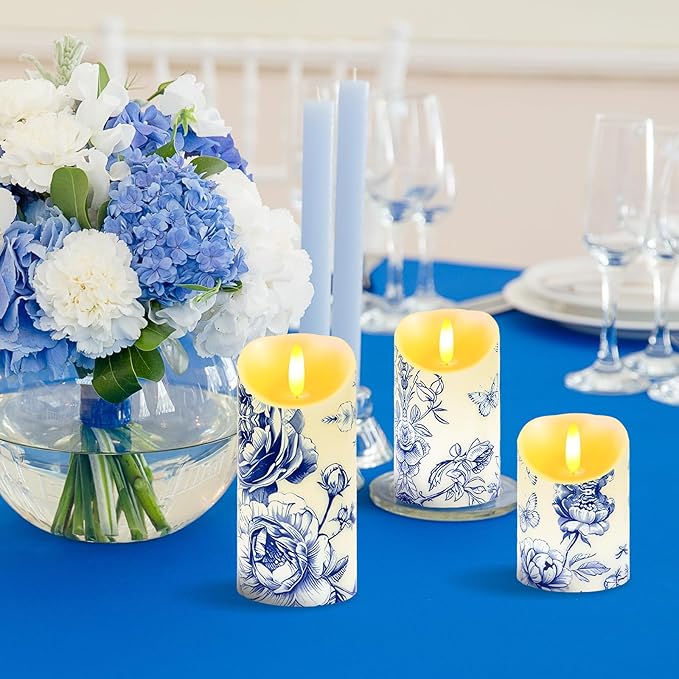 3 Pcs Blue and White Flameless Candles Wedding Table Centerpiece Chinoiserie Candles Blue White Floral Printed Faux Candles with Remote Timer for Wedding Home Holiday Table Decor