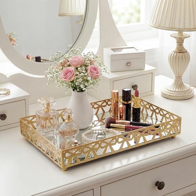 Zhehao Gold Vanity Tray with Mirror Bottom Decorative Bowknot Jewelry Organizer Tray 11.8x7.9 Inch Metal Vanity Organizer for Perfume Makeup Dresser Bathroom Countertop, Women Mom Gift