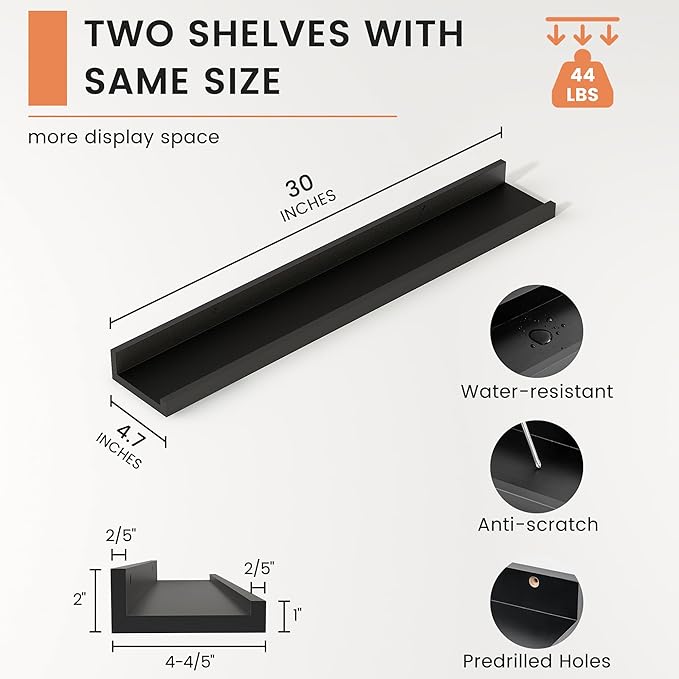 FLYJOE Picture Ledge Shelf, Floating Shelves Set of 2, 30 Inches Nursery Book Shelves for Toys Storage, Kids Bookshelf Wall Mounted for Living Room Bedroom Decor Books Photo Frames, Black