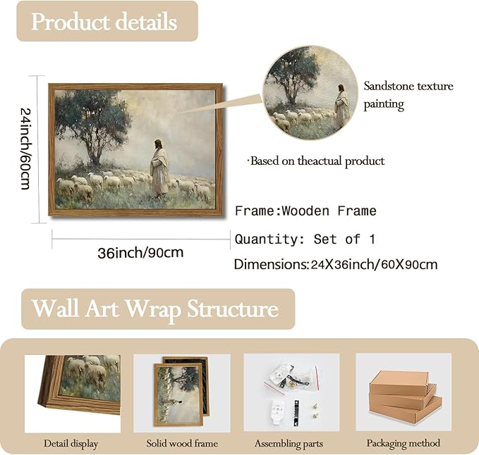 Jesus Leaves the 99 Sheep Wall Art, Frame 3D Textured Hand Drawn Sandstone Christian Wall Decor Paintings, Lost Lamb Religious Artwork for Living Prayer Room Bedroom 24x36 inch Framed