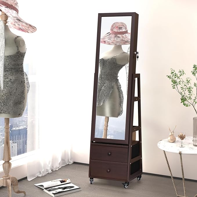 Rotating Standing Jewelry Cabinet with Lockable,Full Length Mirror with Storage Large Capacity Jewelry Organizer Armoire Floor Mirror with Back Storage Shelves for Bedroom Christmas Gifts Brown