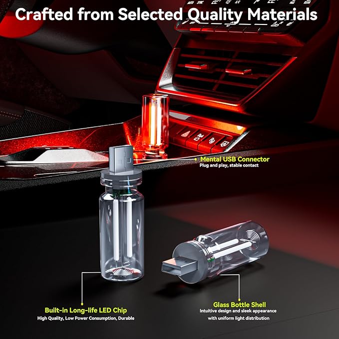 4 PCS USB Night Light, Touch Dimmable Mini USB LED Car Interior Ambient Lights, Portable Plug-in Glass Bottle Night Lamp for Car, Tent, Desk, Bedside(2Red&2Blue)