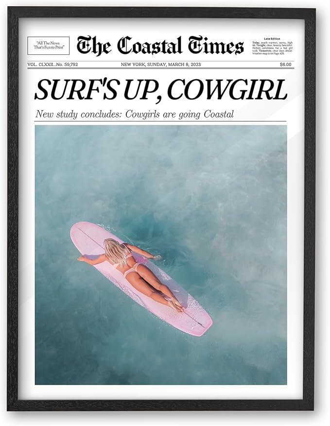 iHery Premium 12x16in Natural Black OAK Wood Coastal Trendy Cowgirl Framed Wall Art, Retro Newspaper Canvas Wall Decor For Girly Dorm Surfer Up Vintage Bar Cart Bedroom Living Room 1Pack