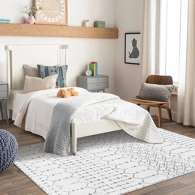 Lahome Moroccan Washable Living Room Rug 3x5 Area Rugs for Bedroom Throw Non-Slip Low-Pile Entryway Rug Bathroom Rugs Soft White Distressed Indoor Capet for Office Kitchen Laundry Dining Room Hana