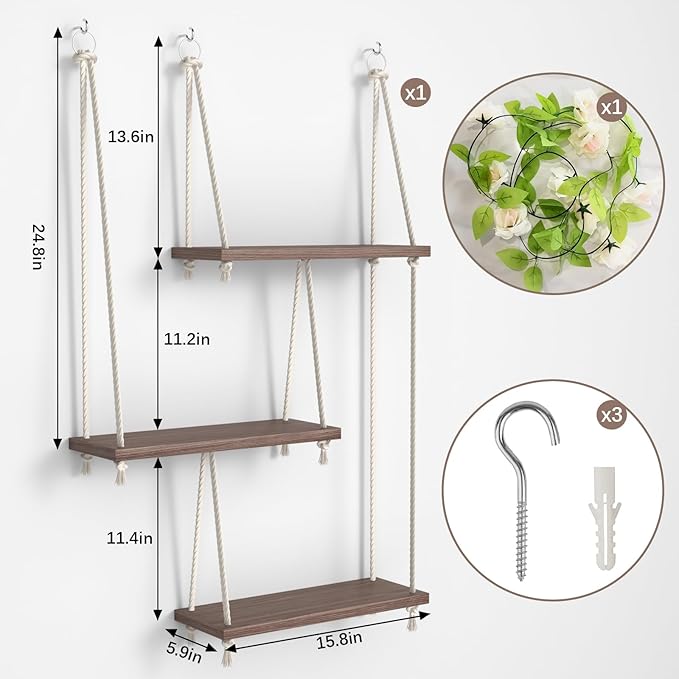 REFGY Hanging Shelves for Wall, 3 Tier Boho Hanging Plant Shelf, Floating Shelves Rope Rustic Wood Organizer Storage Hanger Rack for Aesthetic Home Bedroom Kitchen Bathroom (Champagne Flower)