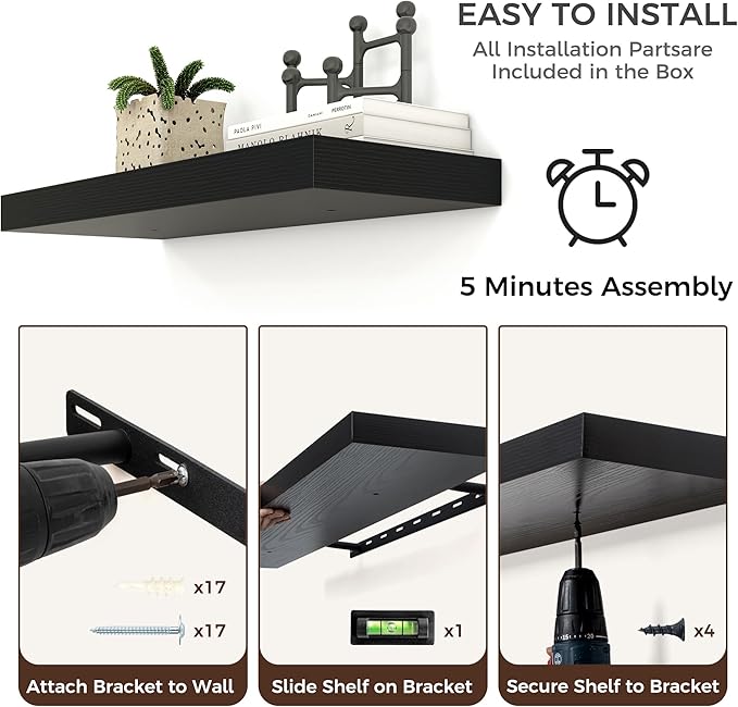 Venusmiles Floating Shelves for Wall, Engineered Wood Wall Shelves with Invisible Brackets for Living Room Bedroom Bathroom Office Kitchen Decor and Storage (Black, 72" W x 9" D x 1.5" H) Set of 1