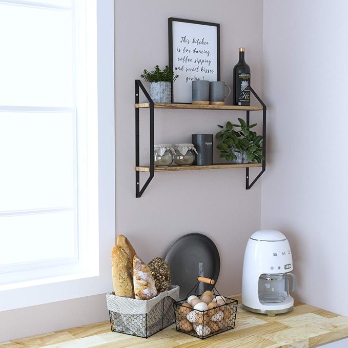 Wallniture Ponza 2-Tier Floating Bookshelf for Wall, 24 Inch Wall Shelves for Bedroom Storage, Natural Burned Wood