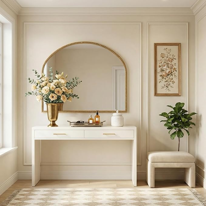 Arched Gold Decorative Wall Mirror 28"x35" Vintage Beaded Frame for Bathroom, Bedroom & Living Room