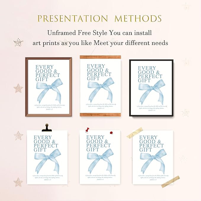 LARTSFRO Coquette Blue Bow Wall Art Decor Posters, Baby Blue Bow Room Bedroom Bathroom Dorm Wall Art Decor Aesthetic for College Teen Girls Gifts, Inspirational Bible Verses Bow Wall Decor, 12x16 Inch Set of 4 Pcs Bow Pictures (UNFRAMED)
