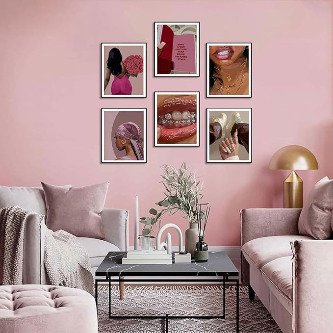 Black Woman Poster Set of 6, Fashion African American Women Wall Art, Trendy Abstract Black Girl Canvas Wall Decor Paintings Aesthetic Pictures for Bedroom Living Room 12x16 inch Unframed