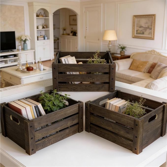Wooden Crates for Display, 3 Pack Large Rustic Handmade Wood Crate for Storage, Wooden Basket with Handles, Nesting Crates Boxes for Container and Decor Living Room Outdoor Christmas (Large)