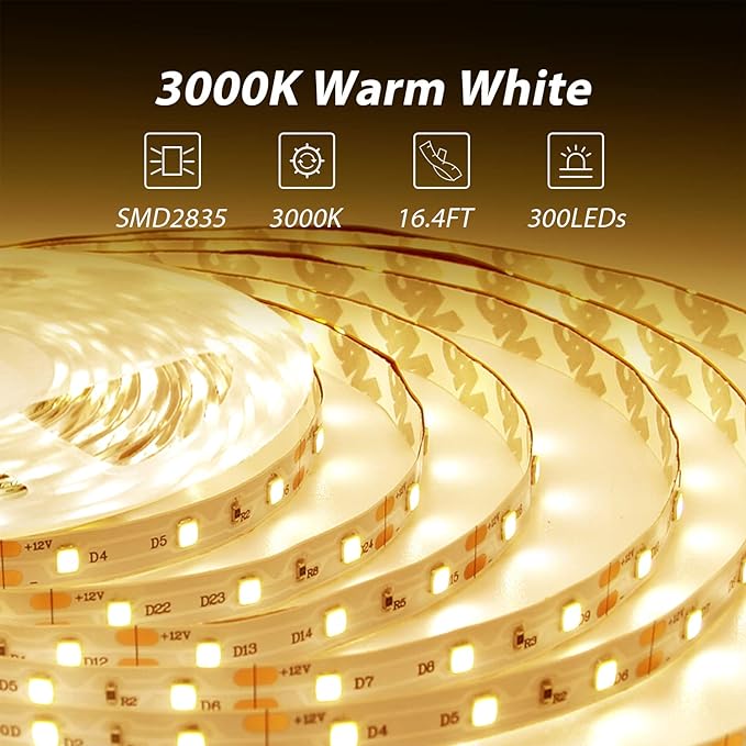 dalattin Warm White LED Strip Lights, 3000K Tunable Soft White Light Strip 16.4ft, Bright 300 LEDs, White Led Lights for Bedroom, Mirror, Kitchen Decoration