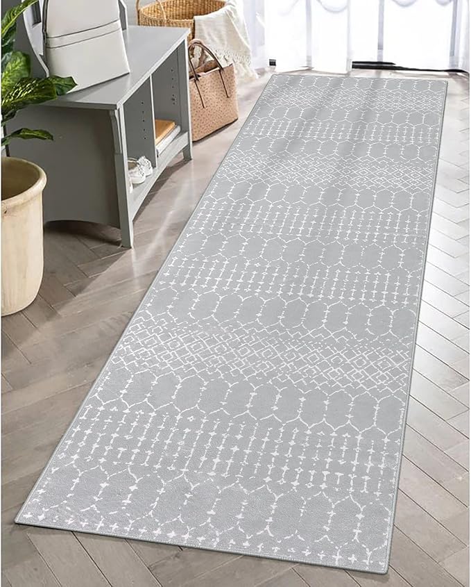 Lahome Moroccan Runners for Hallways 2x6 Washable Non-Slip Carpet Runner Throw Ultra-Thin Kitchen Bedroom Rugs Grey Distressed Print Rug Entrance Bathroom Laundry Room Living Grey/White 2' x 6' Hana