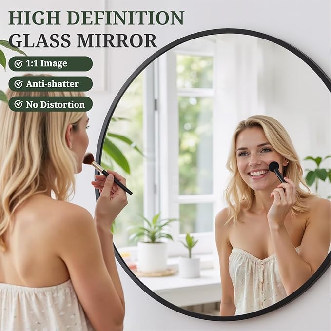 Round Wall Mirror 20 Inch Black Vanity Mirror with Metal Frame, Modern Circle for Bathroom, Entryway, Bedroom, Living Room, Wall Mounted Decorative Mirrors