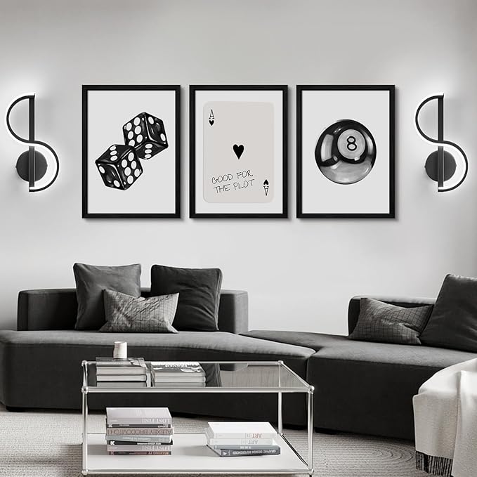 Black White Aesthetic Wall Art Decor 8 Ball Canvas Poster Y2k Cool Dice Pictures Black White Room Decor Trendy Poker Poster Prints Retro Painting Artwork for Apartment Dorm 12x16 Inch Wood Framed 3Pcs