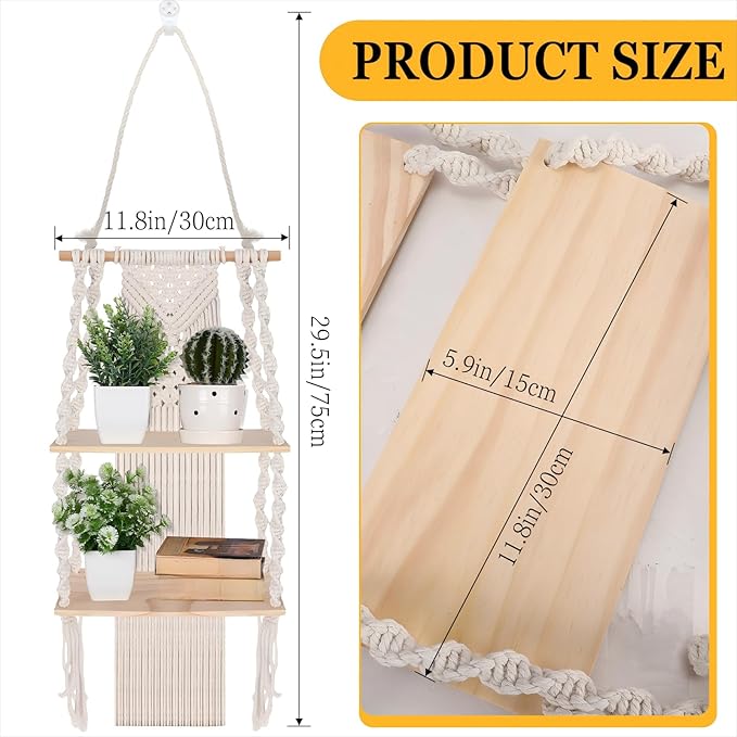 Barydat 1 Pack Macrame Wall Hanging Shelf 2 Tier Handmade Boho Hanging Wall Shelf Floating Woven Rope Decorative Storage Racks Holder Organizer for Home Bedroom Bathroom Plants, Beige (Classic)