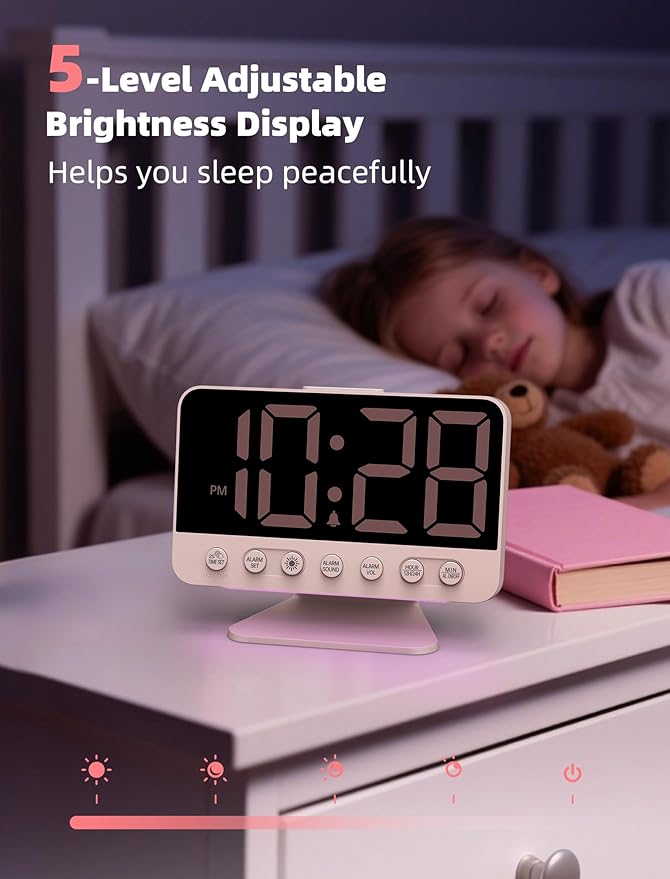 Odokee Digital Alarm Clocks for Bedrooms: Large Bold Number 5 Brightness Dimmer - Easy to Read Across The Room - 5 Alarm Sound 8 Night Light - Sakura Pink
