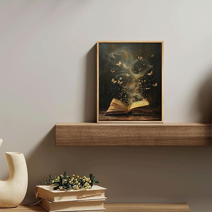 Framed Moody Victorian Bookish Wall Art Dark Academia Library Canvas Wall Decor Picture Vintage Reading Nook Butterfly Aesthetic Painting Poster Print for Gallery Library Bookstore Decoration 16x24in